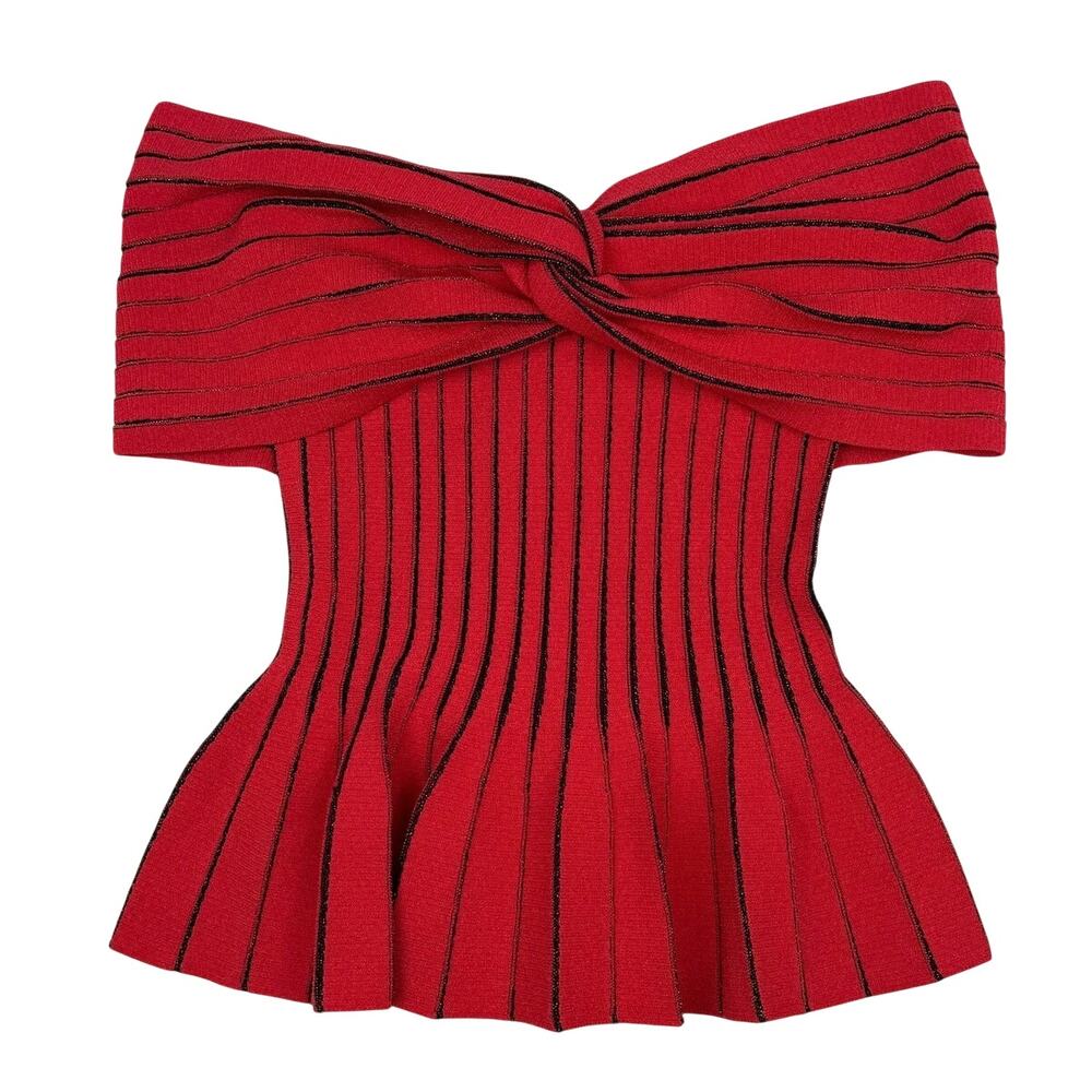 Balmain Paris Strapless Sweater Knit Top Knot Front Red Black Stripe Peplum FR38